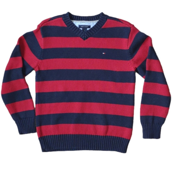 TOMMY Hilfiger V-neck Sweater Preppy Academia Navy Red Stripes - Picture 1 of 10